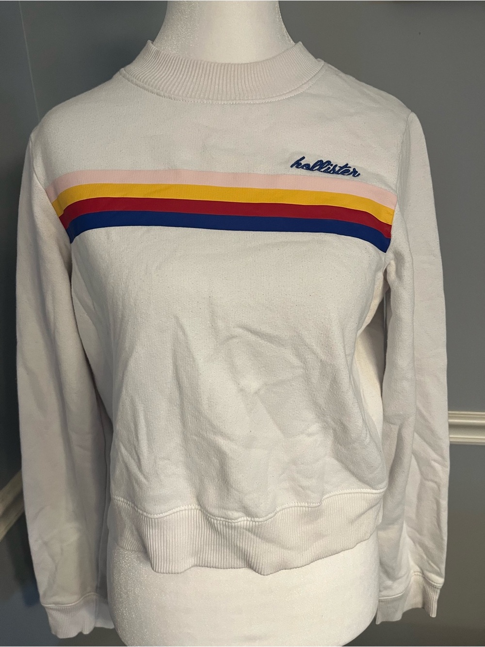 Hollister White Cropped sweatshirt with Multi-Color Stripes